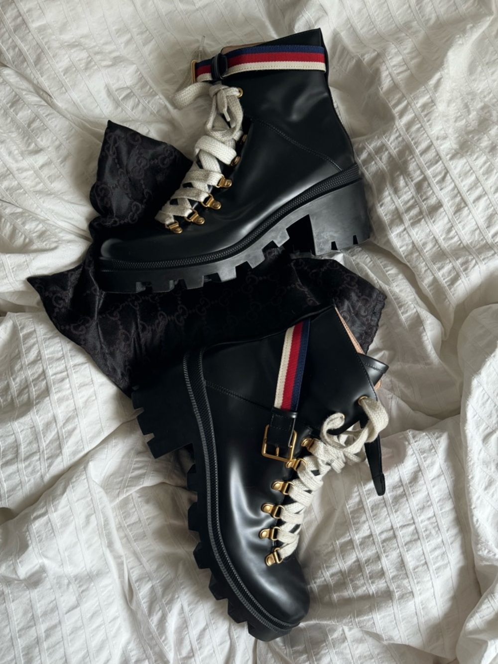 Gucci Sylvie Web Accent Leather Combat Boots in Black - EU 40/US 9.5